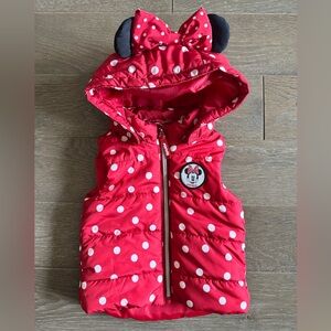 H&M Disney Minnie Mouse Red Polka Dot Puffer Vest w/ Hood Ears & Bow, 12-18M 🎀